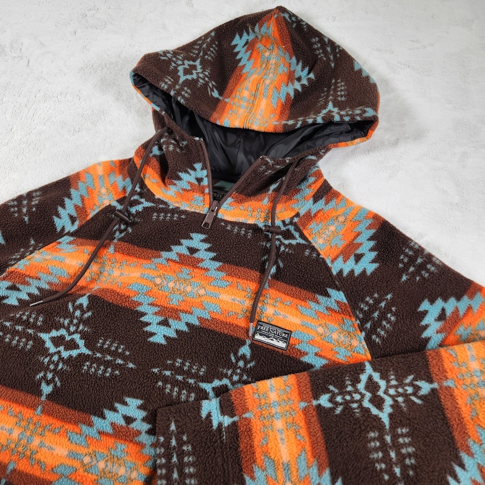 Free Nature Fleece Hoodie Mens Medium Brown Orange Southwestern Quarter Zip